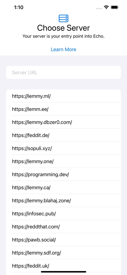 Echo for Lemmy server picker on iPhone