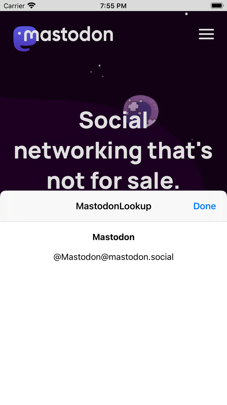 MastoLookup extension results on iPhone